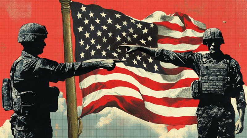 Two people in military camouflage pointing, standing in front of a waving American flag, in front of an orange background. | Illustration: Midjourney