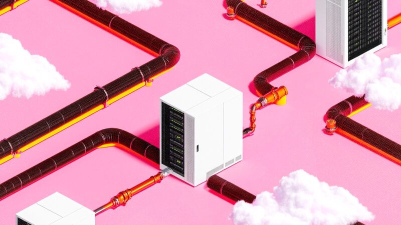 A server connected to tubing against a pink background | Midjourney