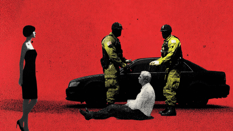 A car, with an older man on the ground surrounded by two law enforcement officers and a woman in a dress watching | Illustration: Midjourney