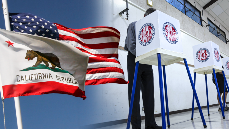 People voting with California's state flag and the US flag on the left | Illustration: Adani Samat; Dreamstime