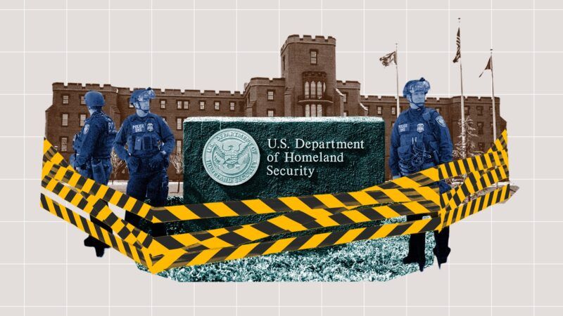 The Department of Homeland Security building circled in yellow and black caution tape. | Illustration: Adani Samat/Dreamstime/Envato