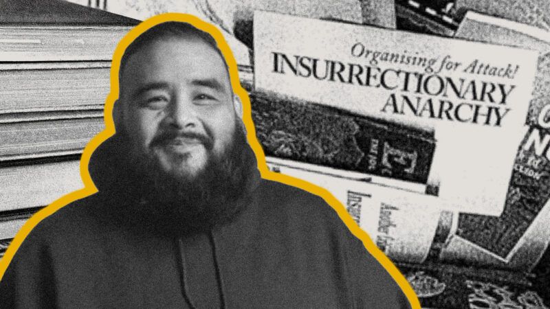 Daniel Sanchez outlined in yellow with pamphlets in the background in black and white | Illustration: U.S. Immigration and Customs Enforcement/Ana Lillith Bar/Instagram