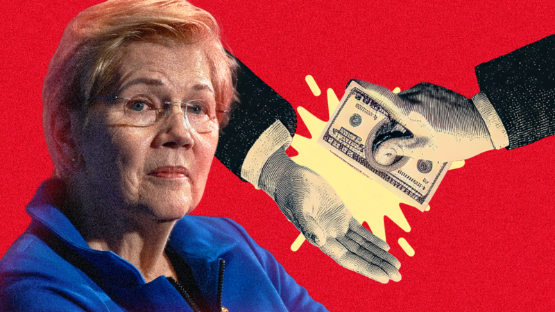 Illustration of Sen. Elizabeth Warren (D–Mass.) | Illustration: Adani Samat/Midjourney/Abaca Press/Douliery Olivier/Abaca/Sipa USA/Newscom