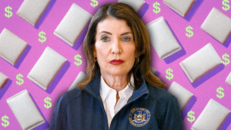 New York Gov. Kathy Hochul against a background of nicotine pouches and dollar signs | Midjourney/Anthony Behar/Sipa USA/Newscom