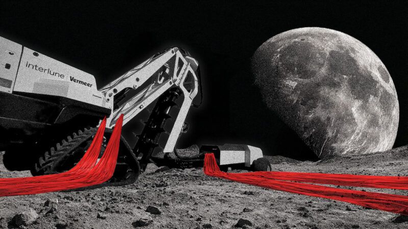 An Interlune/Vermeer excavator on the moon, draped in red tape. | Illustration: Interlune/Midjourney