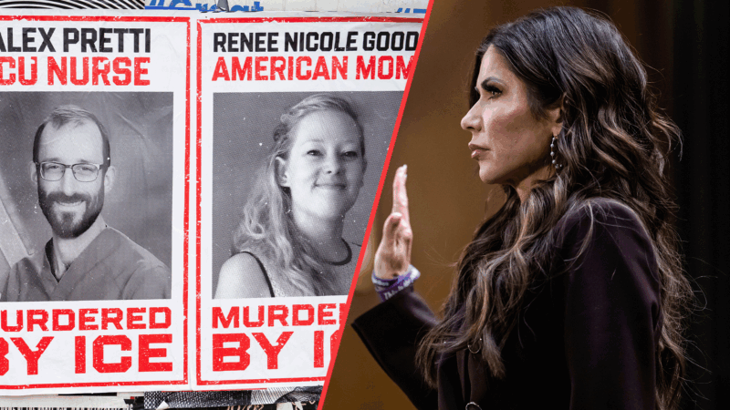 a photo of DHS Secretary Kristi Noem being sworn in as a Senate witness next to a photo of posters condemning the shootings of Alex Pretti and Renee Good | Craig Hudson/Annabelle Gordon/Sipa USA/Newscom