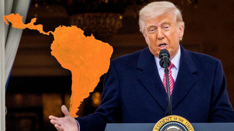 President Donald Trump standing at a lectern with the presidential seal, giving a speetch. An orange map of Central and South America is superimposed to his left. | Illustration: Aaron Schwartz - Pool via CNP/MEGA/Newscom/RSSIL/Newscom/Tomas Griger/Dreamstime
