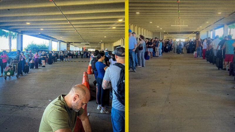 Travelers wait in line for TSA in the parking garage at the Louis Armstrong New Orleans International Airport | Billy Binion