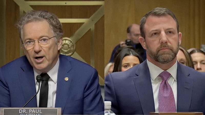 Senators Rand Paul and Markwayne Mullin during the latter's DHS confirmation hearing | C-SPAN