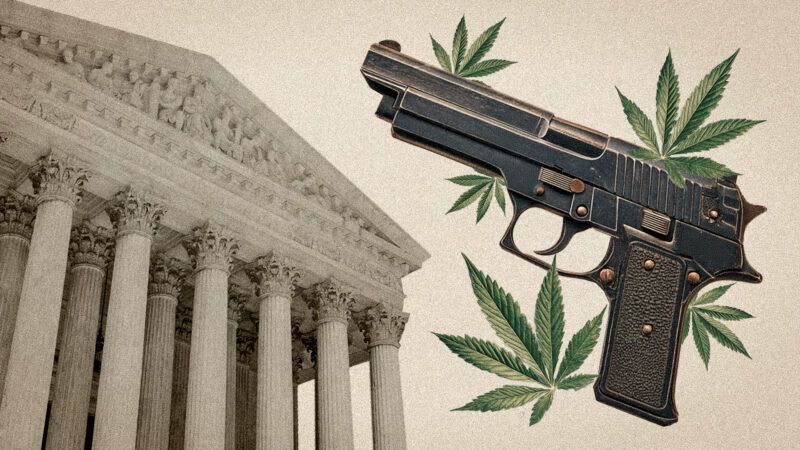 The Supreme Court building next to images of a handgun and cannabis leaves | Midjourney/Gerald Mothes/Dreamstime