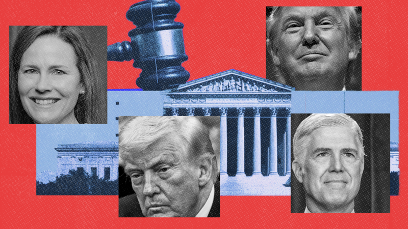 Photos of President Donald Trump, Justice Amy Coney Barrett, and Justice Neil Gorsuch against a backdrop of the Supreme Court building | Eric Lee/Zuma Press/Aaron Schwartz/CNP/Polaris/Newscom/Midjourney