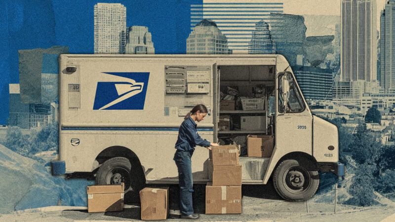 A U.S. Postal Service driver stacks boxes by her mail truck, with the Atlanta skyline in the background. | Midjourney