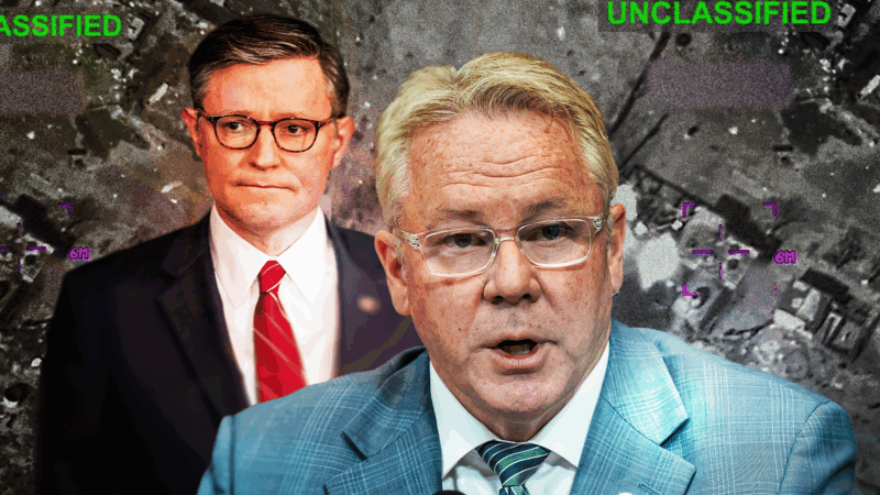 Mike Johnson and Warren Davidson with aerial war footage in the background | Credits: Andrew Thomas - CNP/Sipa USA/UPI/MAXPPP/Michael Brochstein/Newscom