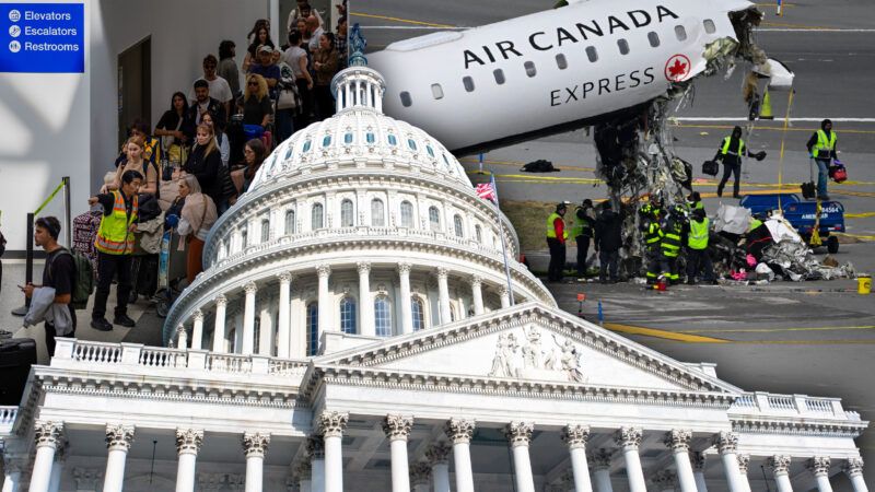 The U.S. Capitol with images of TSA lines and the La Guardia place crash | Illustration: Qian Weizhong/VCG/Kyle Mazza, Kyle Mazza/ZUMAPRESS/Newscom/Robwilson39/Dreamstime