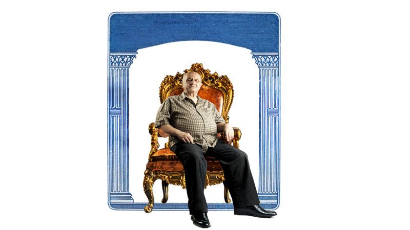 An illustration of an old man sitting on a throne in the style of a Social Security card | Illustration: Joanna Andreasson; Source images: iStock