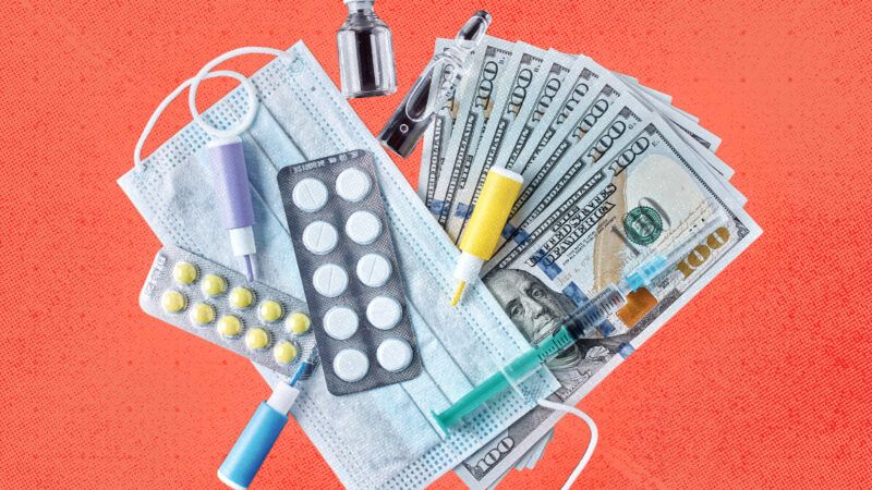 Medication and a mask are seen atop $100 bills | Envato
