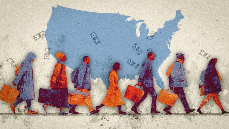 People moving, with a map of the U.S. in the background | Illustration: Midjourney