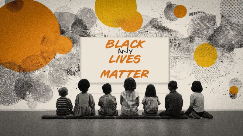 A row of children sit facing a sign that says "Black Lives Matter" with the word "any" inserted after "black" and an orange and gray background | Illustration: Midjourney