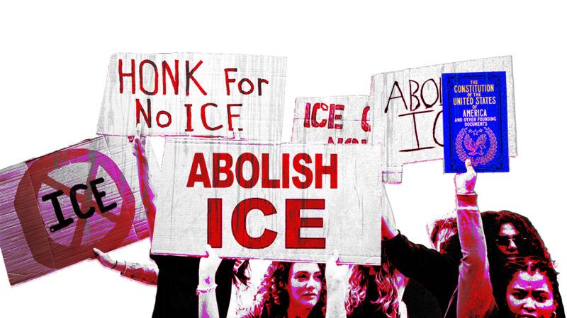 Protesters holding anti-ICE signs | Illustration: Joanna Andreasson Source image: Wikimedia, iStock