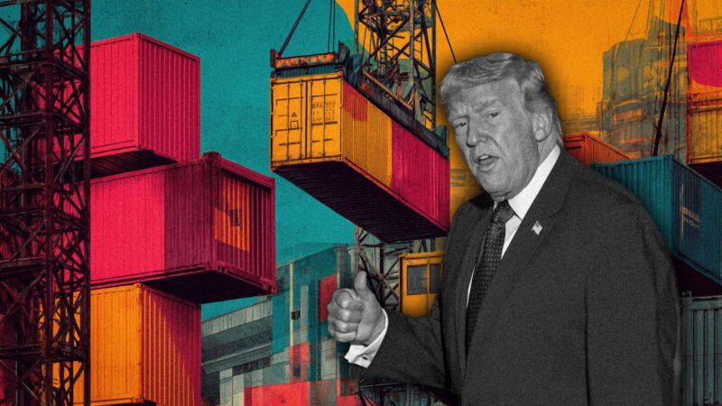 A black and white image of Trump in front of blue, pink, and orange tinted shipping containers | Illustration: Midjourney/Andrew Leyden/ZUMAPRESS/Newscom