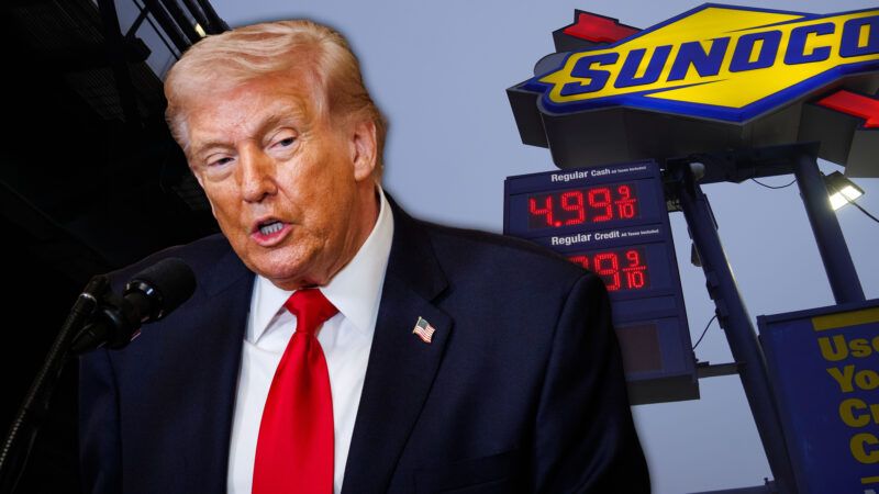 President Donald Trump and a Sunoco gas station sign, with prices at $4.99 and up. | Illustration: Zhang Fengguo / Xinhua News Agency/Samuel Corum/Sipa USA/Newscom