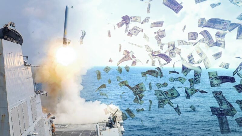 A warship fires a missile, sending cash flying in all directions. | Polaris/Newscom/Envato
