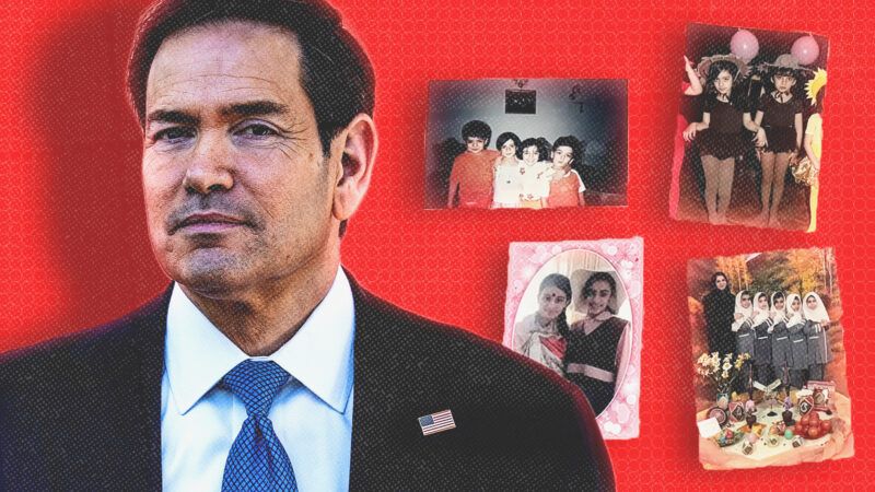 Secretary of State Marco Rubio in front of a red background, alongside family photos | Credit: Sipa USA/Newscom/Drop Site News