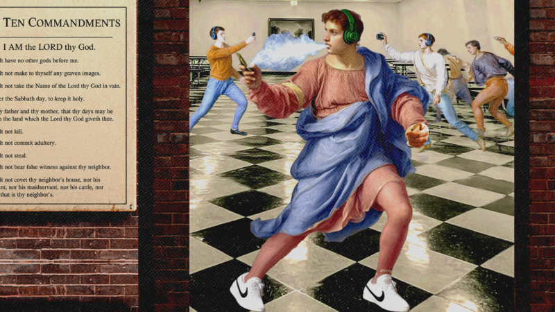 Renaissance-style image of youths wearing Nike shoes, headphones, and vaping in a classroom | Adani Samat/Midjourney