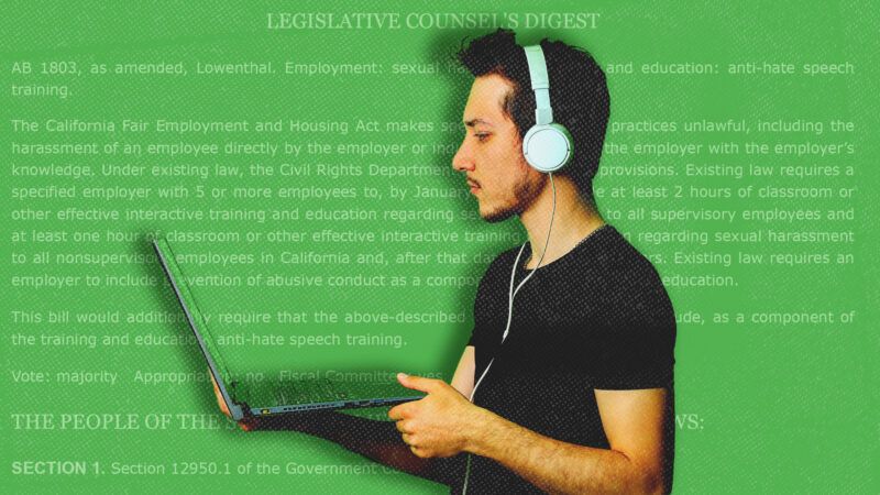 A man with headphones on holds a laptop. | Illustration: Luri Gagarin/Dreamstime/California Legislative Information