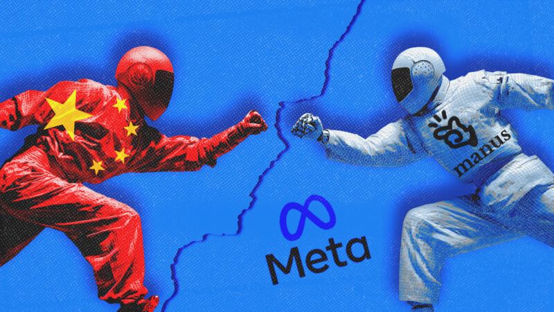 A figure illustrated with the Chinese flag fighting with a figure illustrated with the Manus logo. In the background is a crack, with the Meta name and logo. | Illustration: Midjourney/Nikol85/Dreamstime/Manus/Meta/Wikimedia Commons
