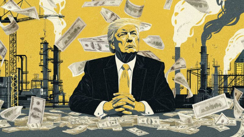 President Donald Trump, amid imagery of industrial buildings and money swirling in the air | Illustration: Midjourney/Denys Prokofyev/Dreamstime