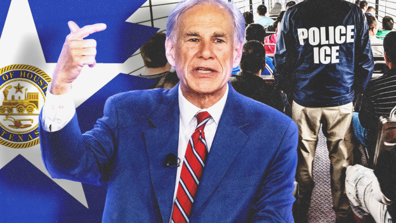 Texas Gov. Greg Abbott against a backdrop of the Houston flag and an ICE agent on a bus | Abbas Shirmohammadi/Panoramic Visions for CNP/Mega/RSSIL/Newscom
