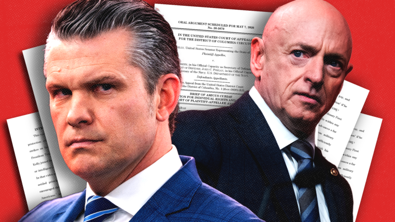 Defense Secretary Pete Hegseth and Sen. Mark Kelly against a backdrop of legal papers | Bonnie Cash/UPI/Newscom/Tom Williams/CQ Roll Call