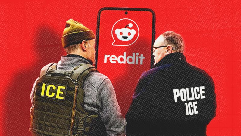 Two ICE agents stand in front of an outsized phone displaying the Reddit logo | ICE/Wikimedia Commons/Waingro/Dreamstime