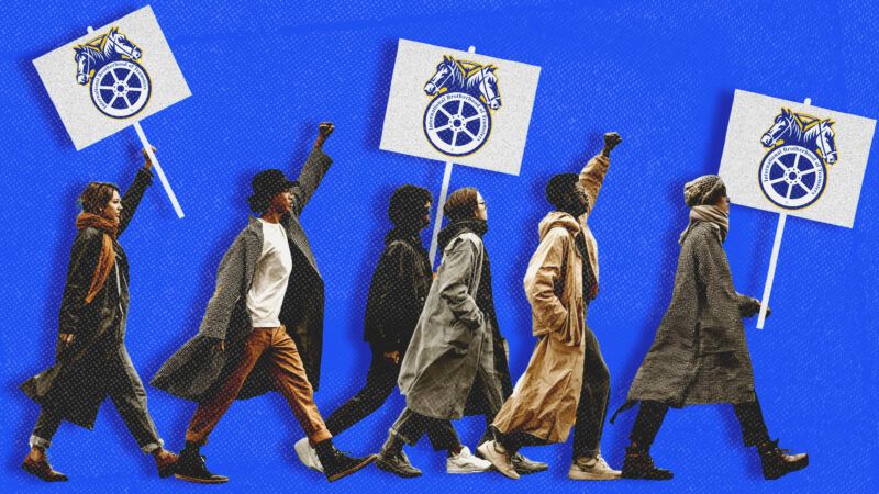 People holding Teamsters signs | Illustration: International Brotherhood of Teamster/Wikimedia Commons/Midjourney/Photka/Dreamstime