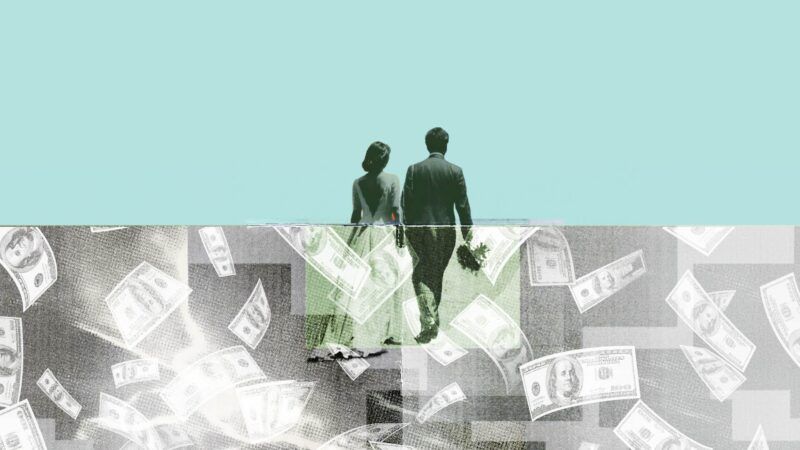 A married couple walk into the distance as cash falls underneath them | Illustration: Lex Villena; Midjourney