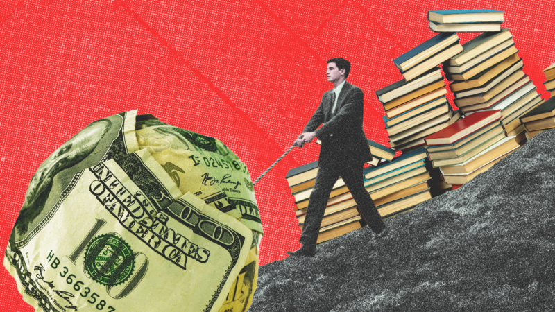 Man pulling a ball of money up a slope, with college text books in the background | Adani Samat/Midjourney/Dmitrii Simakov/Imagepixel/Dreamstime