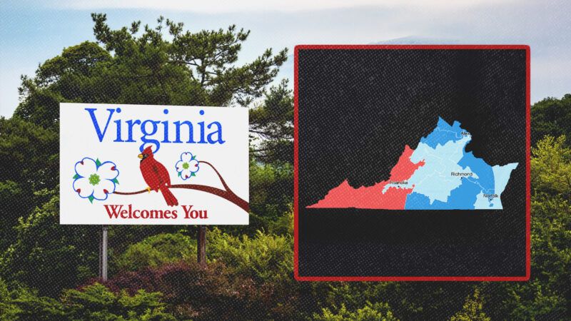 A "Welcome to Virginia" road sign, next to a graphic depicting the new proposed Virginia districts | Wellesenterprises/Dreamstime/The Virginia Public Access Project/OpenStreetMap