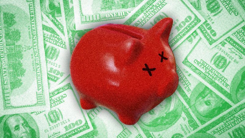 Red piggy bank with x's over the eyes in front of a background of money | Illustration:Lightvision/Dreamstime/imageBROKER/Christian Ohde/Newscom
