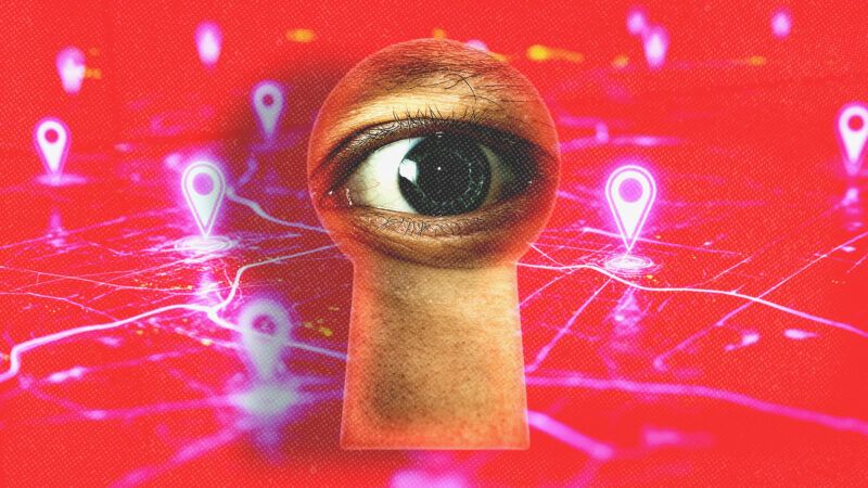 An eye peers through a keyhole, amid GPS data points on a map. | Illustration: Igorusha/Dreamstime/Midjourney