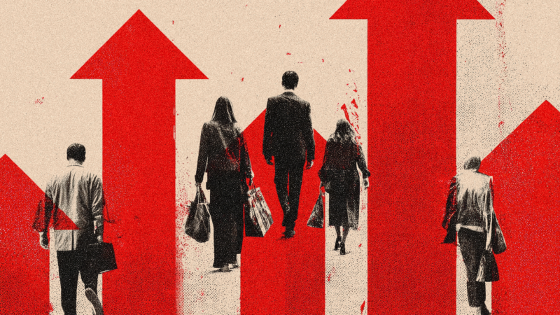 Silhouettes of consumers with red arrows pointing up | Illustration: Midjourney