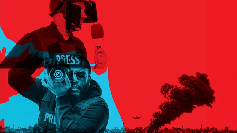 A collage image with a mostly read background with hints of neon blue—the three images combined are a short city skyline with black smoke rising up as a plane flies nearby, an image of a man in a bulletproof vest that says "PRESS" on it holding a microphone, and another man in a bulletproof vest with lettering on it holding up a camera as if he's taking a photo. | Illustration: Joanna Andreasson | Source images: iStock