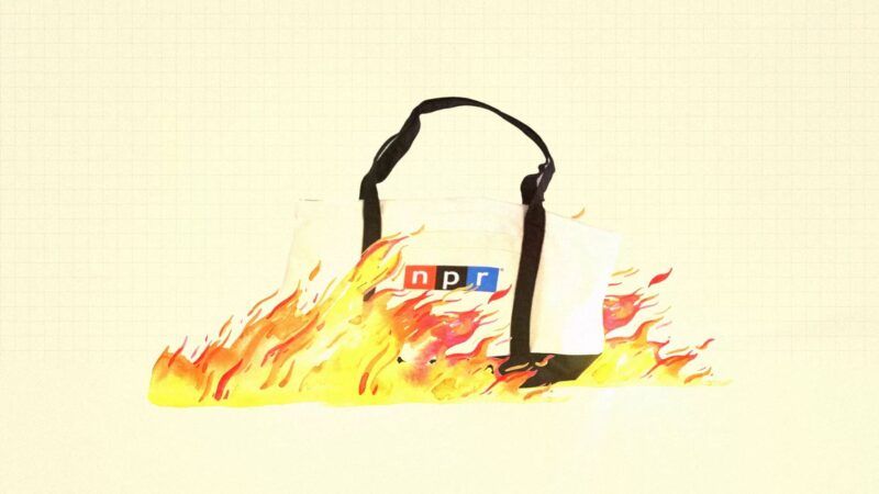 An illustration of an NPR tote bag on fire | Illustration: Lex Villena; Jakub Gojda
