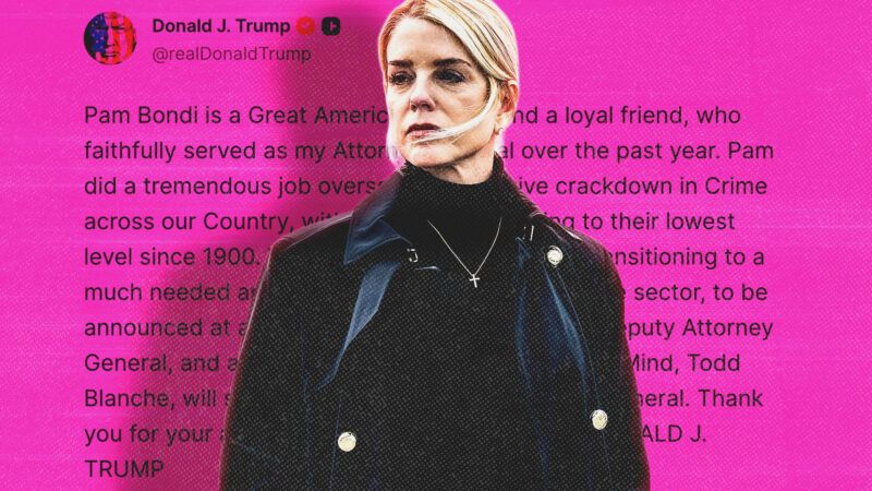 Former U.S. Attorney General Pam Bondi, with a backdrop of the Truth Social post in which President Donald Trump fired her | Saquan Stimpson/ZUMAPRESS/Newscom/Donald J. Trump/Truth Social