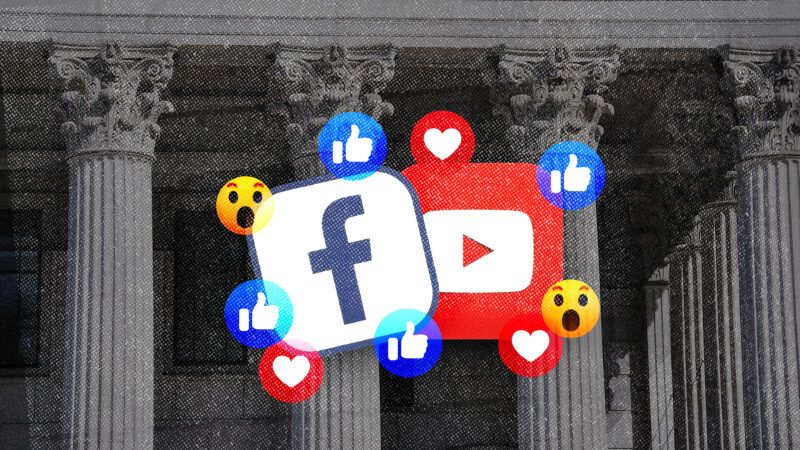 The Facebook and YouTube logos, with a courthouse in the background | Illustration: Sean Pavone/Rvlsoft/Dreamstime
