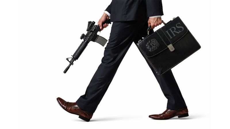 An illustration of an IRS agent carrying a rifle | Illustration: Joanna Andreasson Source images: iStock