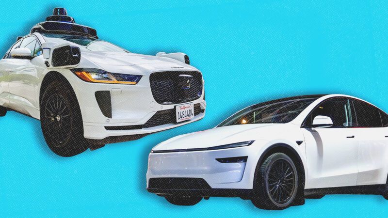 Against an electric blue background, a white Waymo vehicle faces the right, and a white Tesla vehicle faces the left. | Illustration: DPPA/Sipa USA/imageBROKER/Manuel Kamuf/Newscom