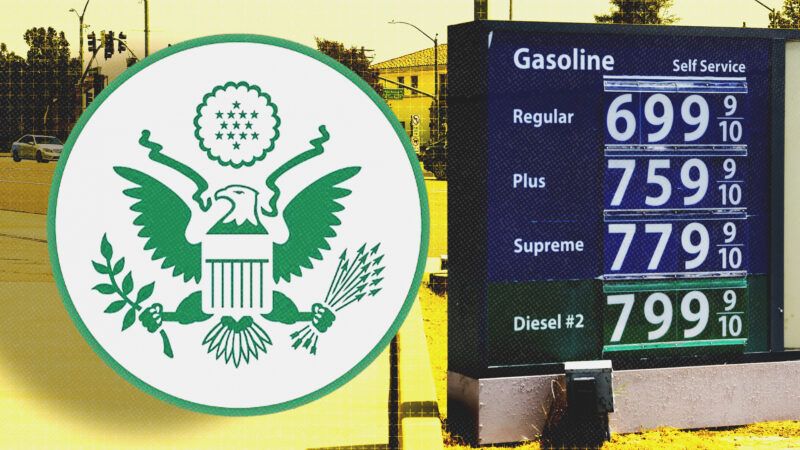 Department of State's Bureau of Energy Resources seal on the left, a board showing high gas prices on the right | Xinhua/Sipa USA/Newscom/U.S. Department of State/Bureau of Energy Resources