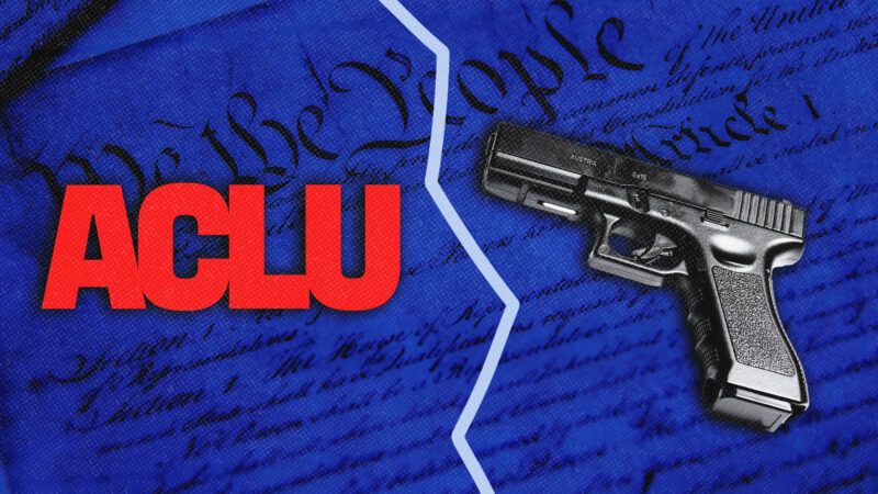 the ACLU logo and a handgun against a backdrop of the U.S. Constitution | Illustration: Tobias Frere-Jones/ACLU/Andrei Victor Calangiu/Zimmytws/Dreamstime