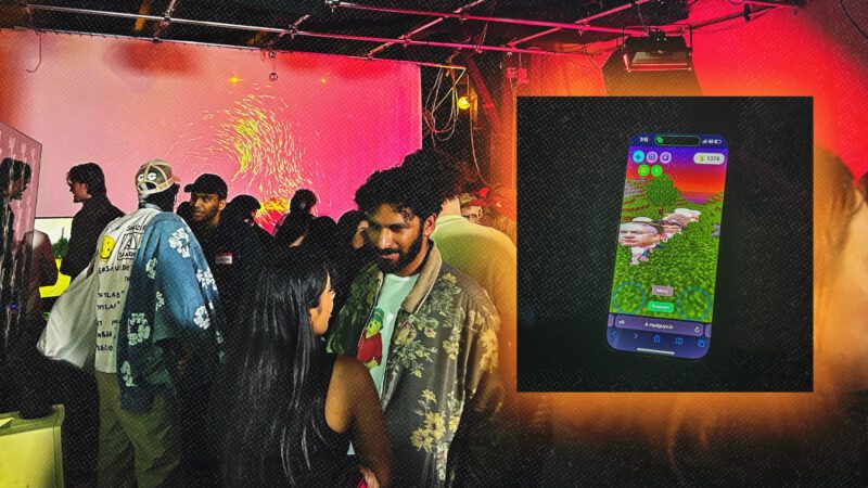 A photo from the AI Psychosis Summit overlaid with a closeup of a phone screen | Meagan O'Rourke/Reason
